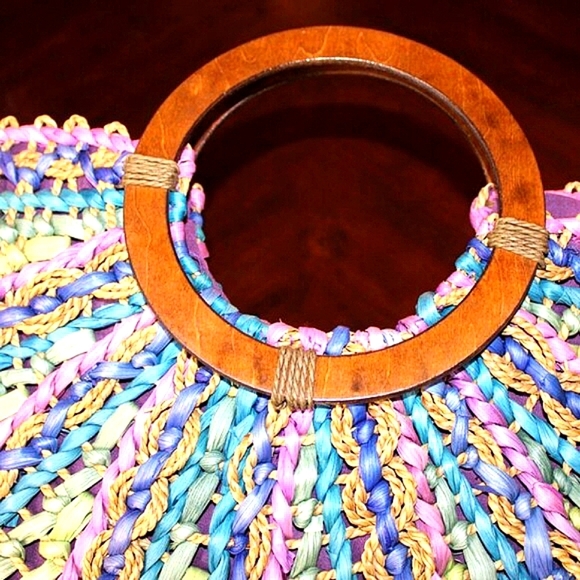 Cappelli Woven Straw Handbag β Boho Tote with Wooden Handles - Picture 4 of 7